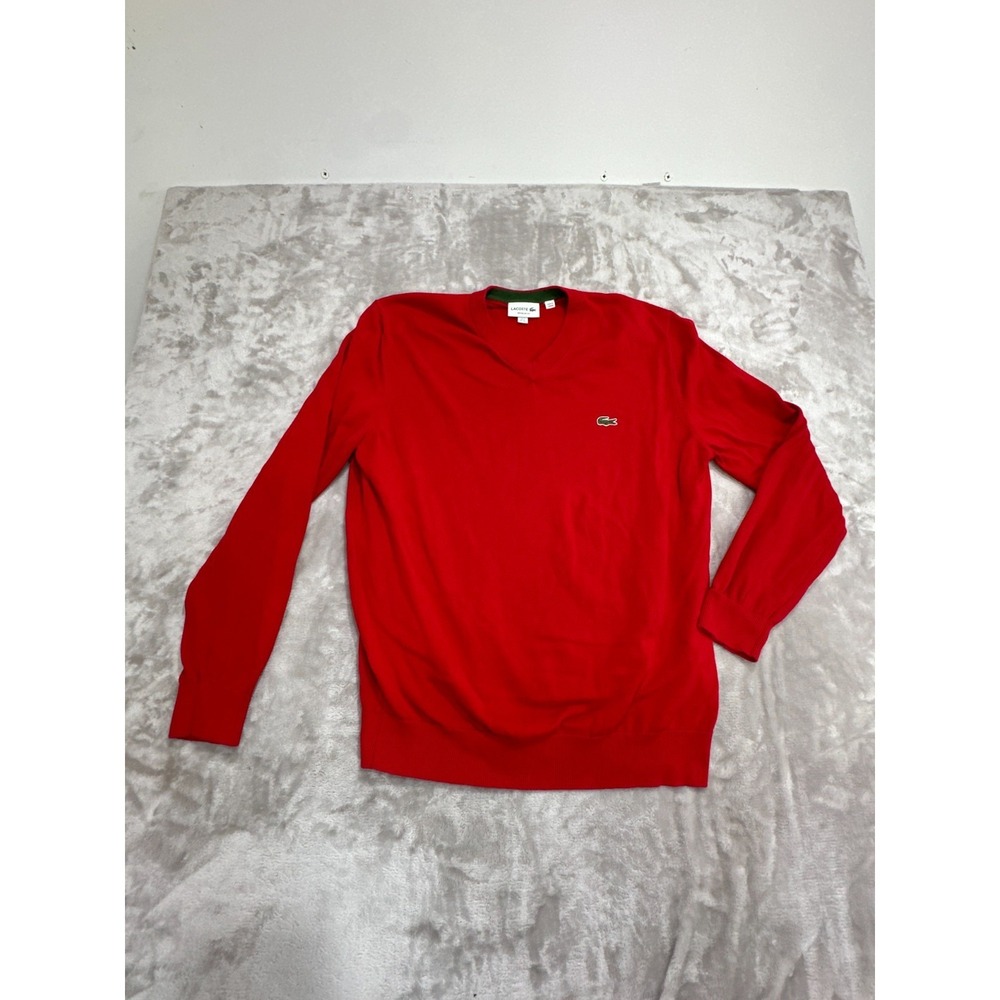 Lacoste Pullover Sweater Men's Size XL Red V-Neck Long Sleeve Regular Fit EUC